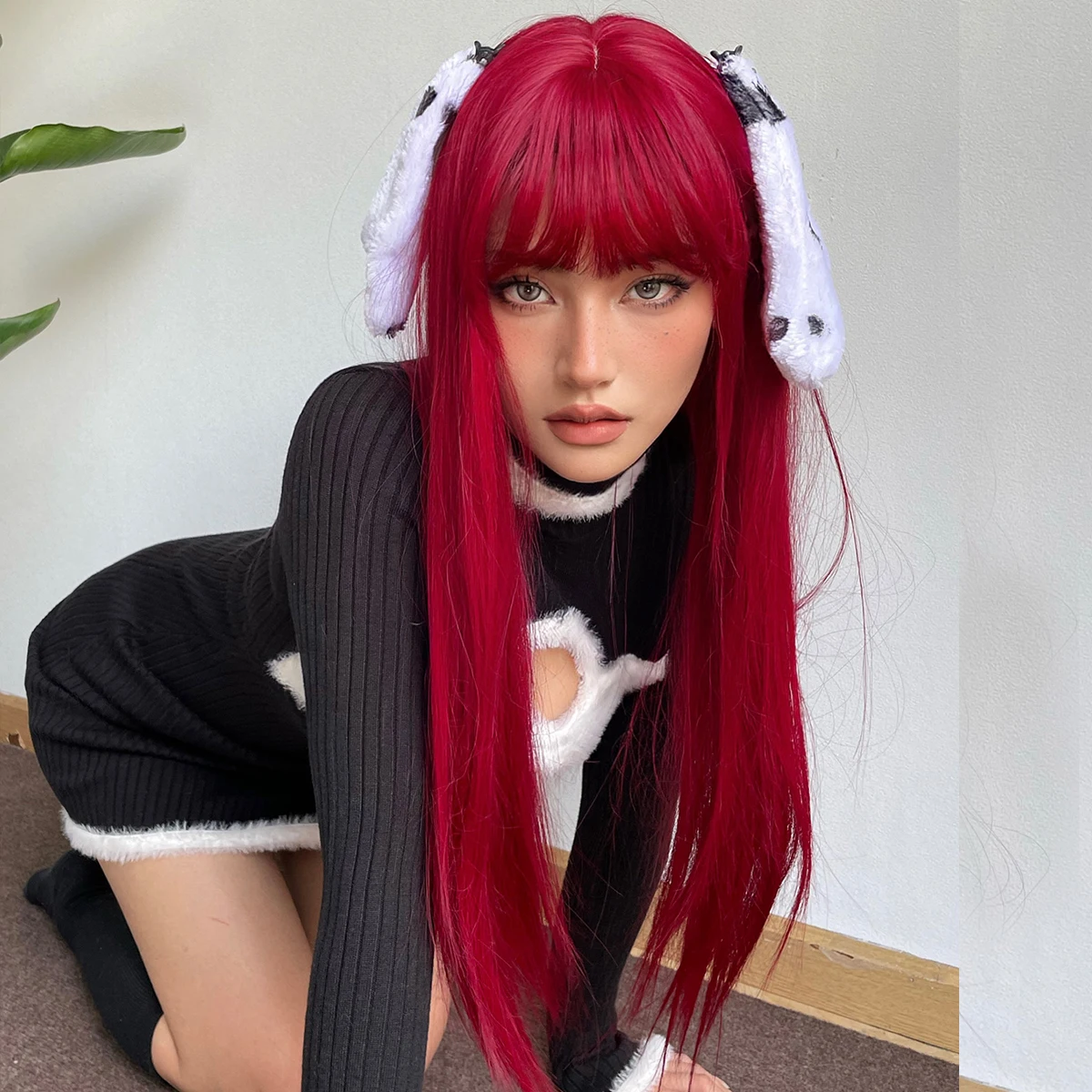 Leichte weinrote synthetische Perücken mit Pony für Frauen lange glatte Haare Perücke natürliche cosplay Party hitze beständig – Detail 1