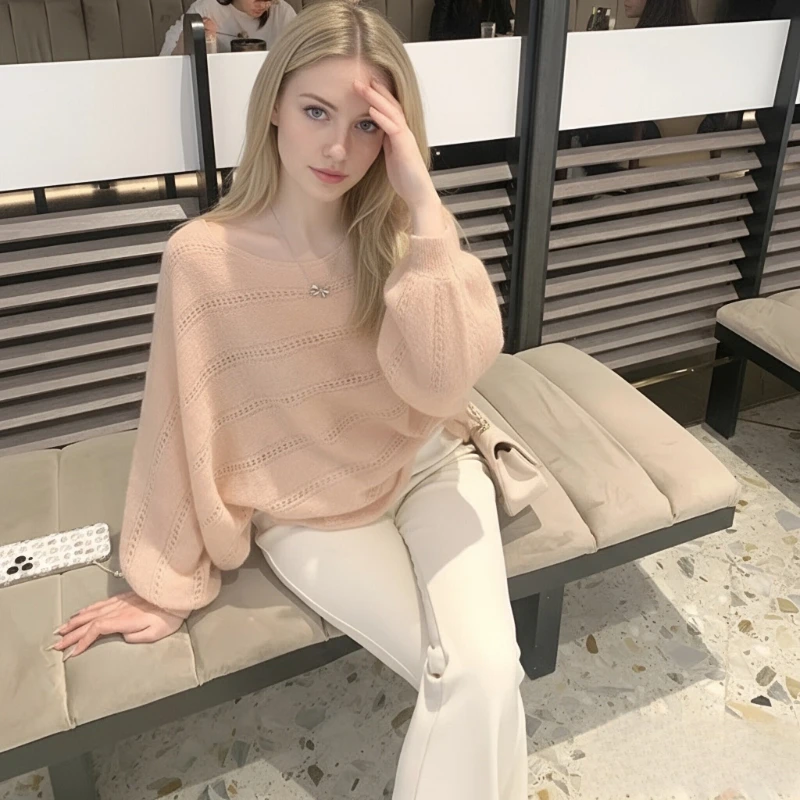 Autumn Fashion Elegant Thin Lantern Sleeve Office Casual Knitwear Top New Women's Clothing Knitted Hollow Crew Neck Sweater