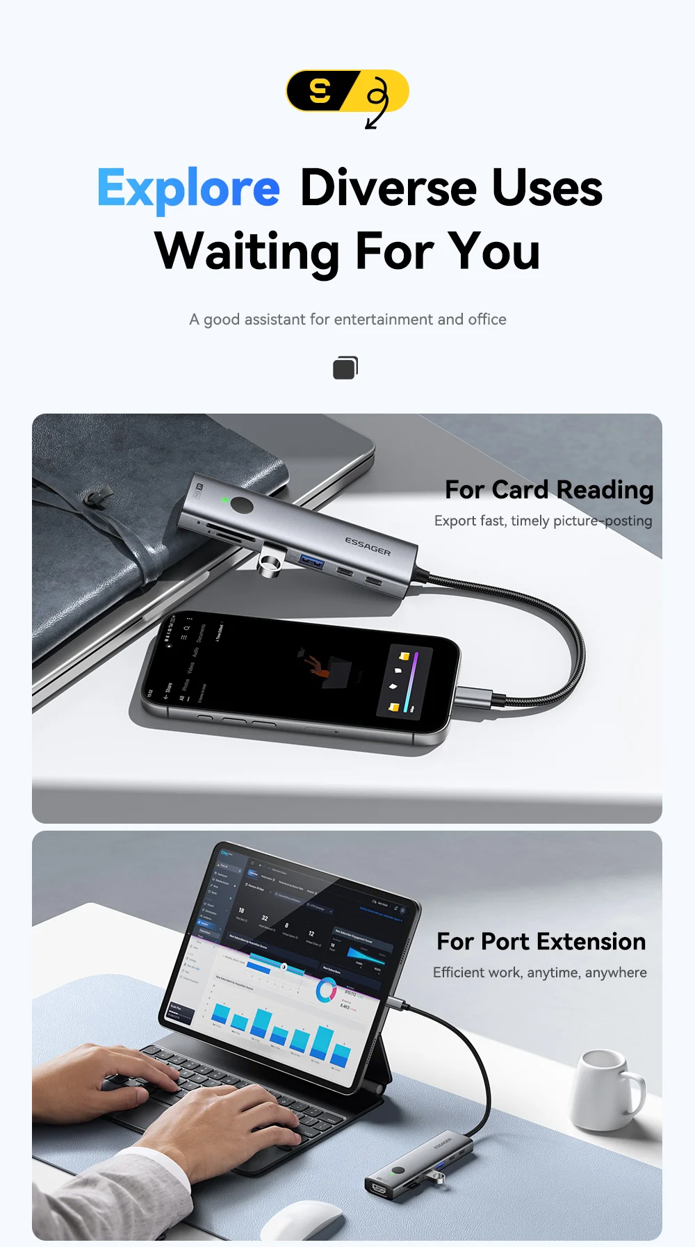S4a624fbe1a0f4e71b32fba80238923adY Essager 7-en-1 USB-C Hub – Station d’Accueil Ultra-Rapide PD 100W | HDMI 4K & USB 3.0