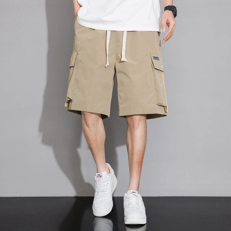 Solid Color Pockets High Waisted Casual Elastic Men's Summer Clothing Straight Drawstring Sports Pants England Style Shorts