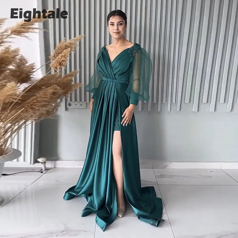

Eightale Dark Green Evening Dress Satin V-Neck Long Sleeves A-Line Floor Length Pleats Prom Party Gowns robe de soirée femme