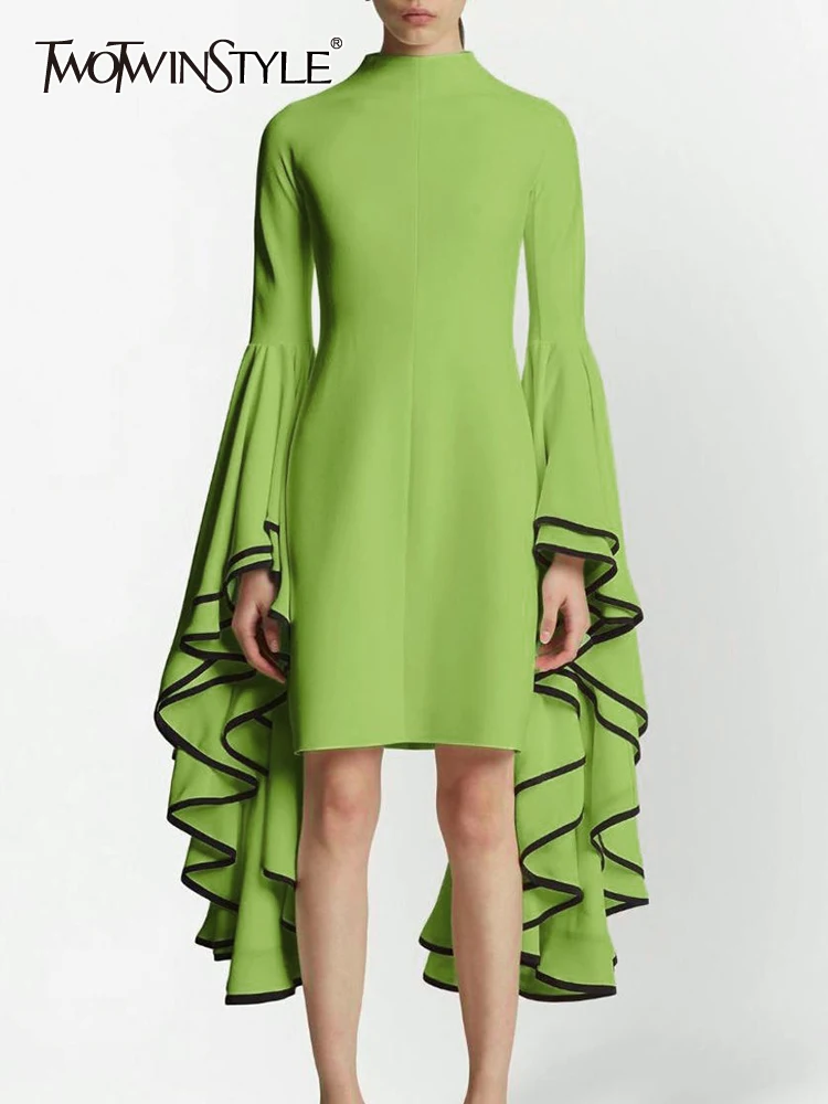 

TWOTWINSTYLE Hit Color Casual Dresses For Women Round Neck Butterfly Sleeve Tunic Temperament Dress Female Fashion Clothing 2023