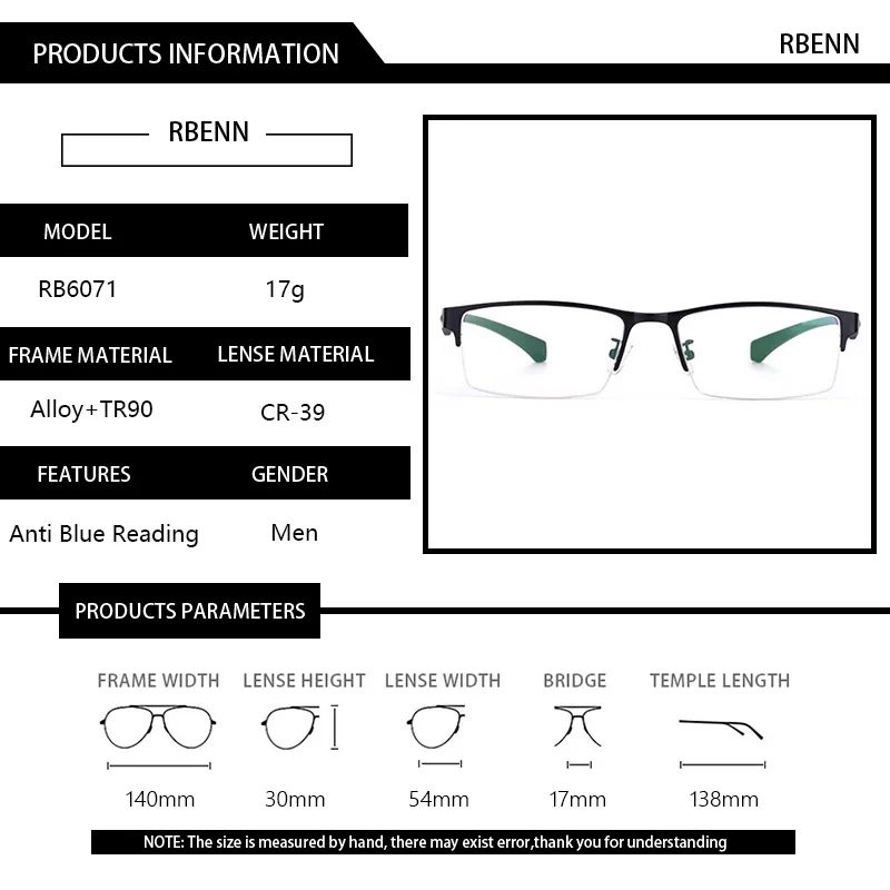 RBENN Big Size Business Men's Reading Glasses High Quality Half