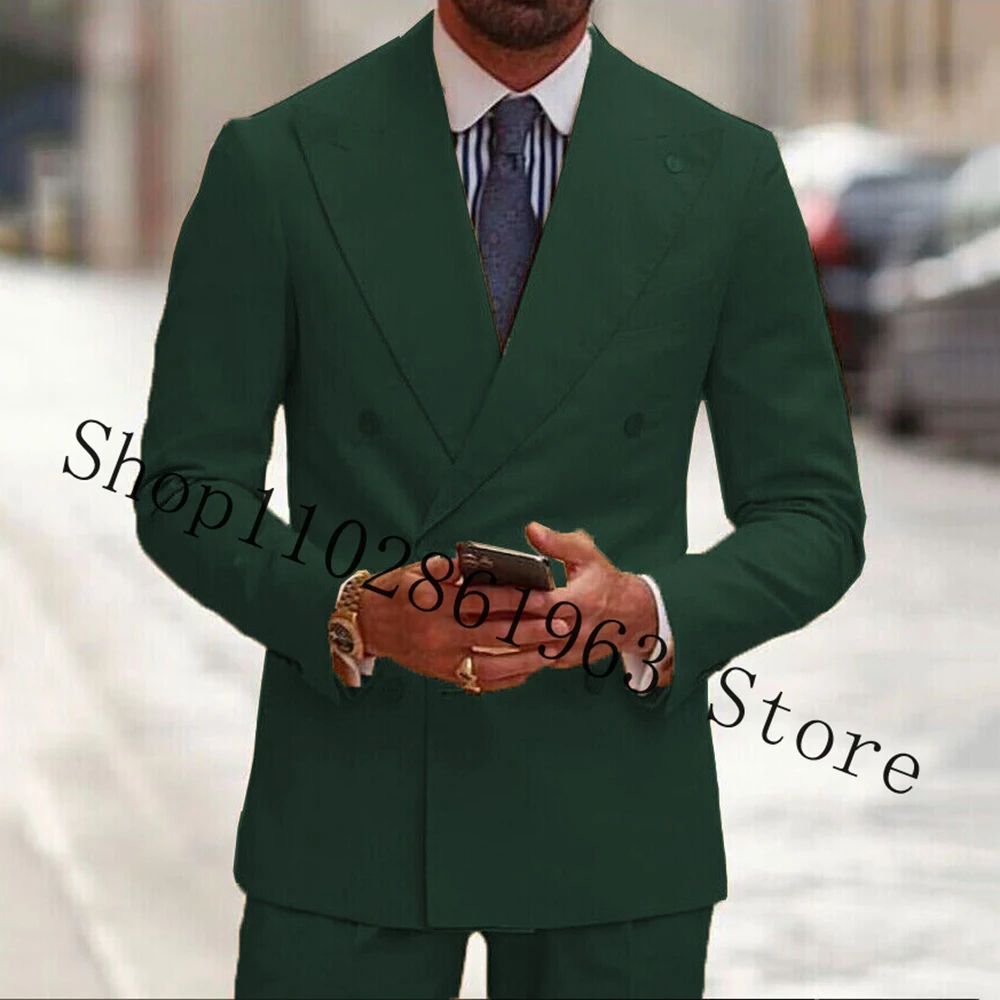 Navy Blue 2 Pieces Men Suits Slim Fit Peak Lapel Double Breasted Formal Groomsmen Wedding Tuxedos Blazer Pants Costume Homme