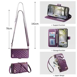 Grid Pattern Leather Flip Case with Crossbody Strap and 3 Card Slots Wallet Cover for Aquos Sense 9 Plus (Brown)