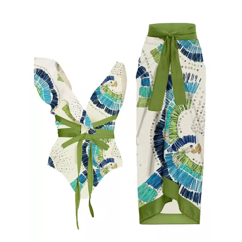 

2023 New One Piece Swimsuit Women Swimwear Sexy Bodysuit Backless Bandage Beachwear Skirt Print Bathing Suit Monokini XL Mujer