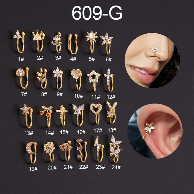 1PCS Fake Piercing Clip Nose Ring Cuff Body Jewelry for Women Trend Ear Cuffs Heart Star Flowers Butterfly Clip Rings KAE197