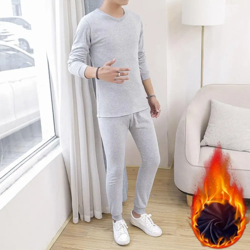 

Men Winter Pajamas Set Winter Men Thermal Underwear Set Warm Slim Fit Elastic Pajamas for Homewear Solid Color Men Suit