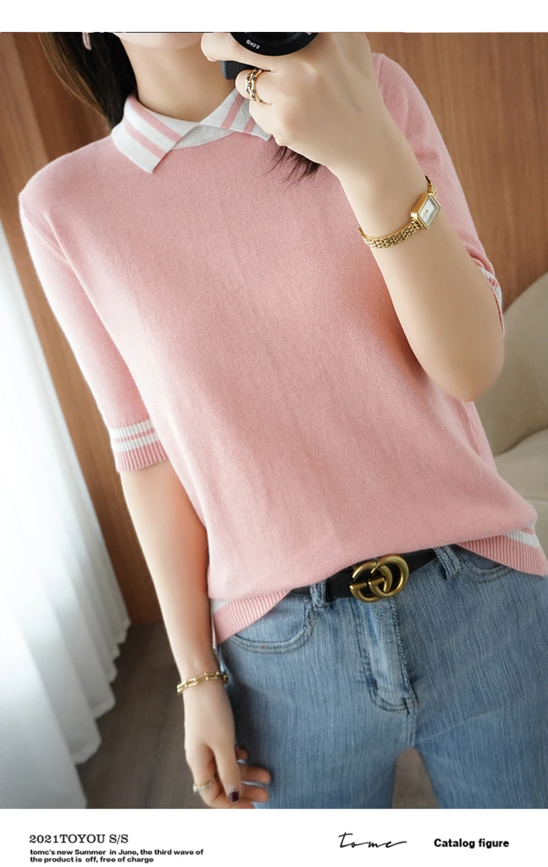 tees children's clothes New Style Women Tops Summer Thin Tees Turn-Down Collar T-Shirt Female Pullover Sweater Woman Jumper Blouse 100% Cotton Knitted t-shirt child girl	