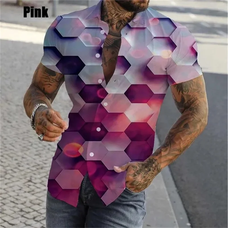 thumbnail image 1 of Camisa con estampado geométrico y personalidad en 3D para hombre, camisas casuales de manga corta con botones, camisas de playa de gran tamaño para hombre, 1 of 4