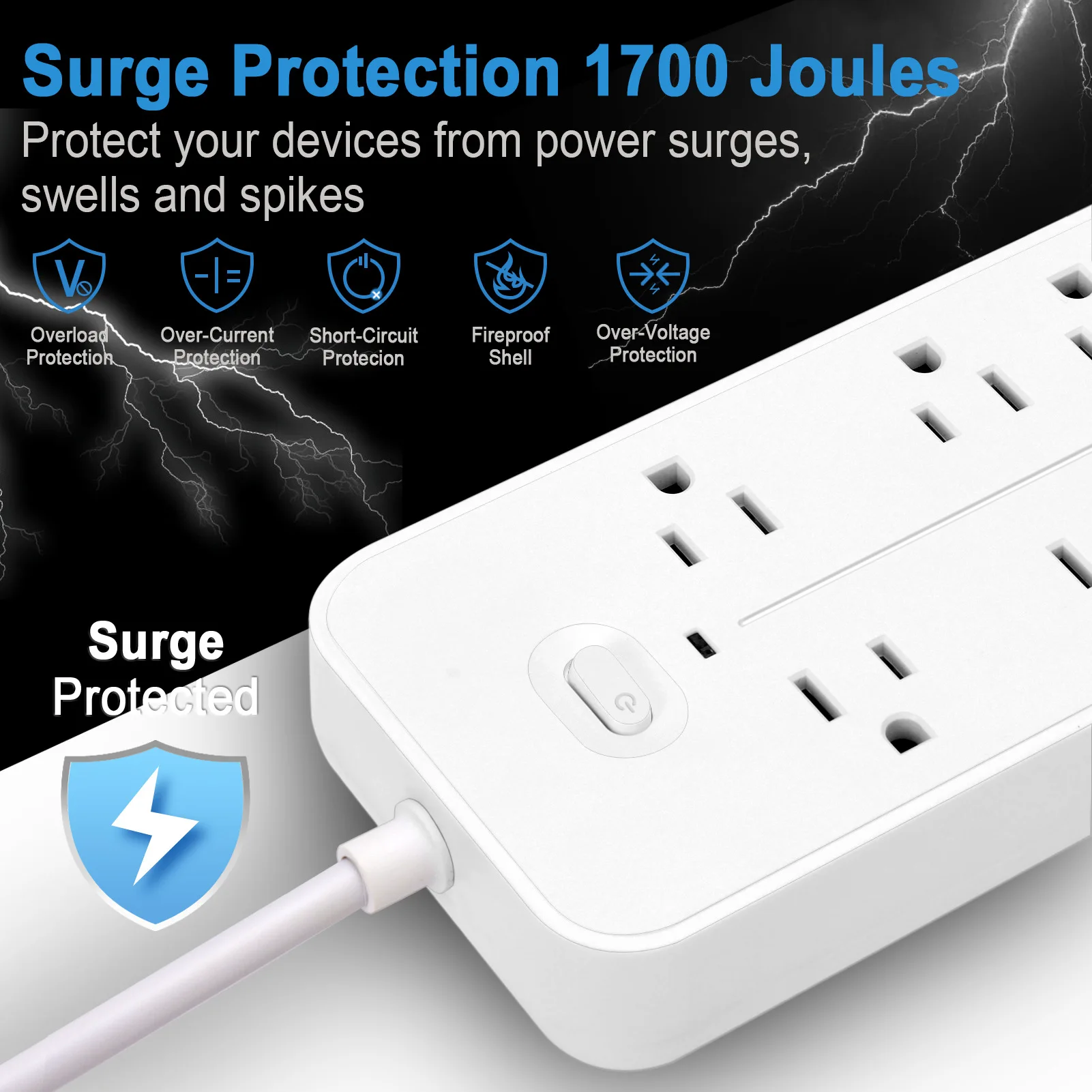 Description Picture 5 of itemUS Power Strip 6 AC Outlets 10A 110v 220v 3 USB Ports Sockets 1 TYPE-C Smart Patch Panel 2000w Black Power Surge Protection Plug