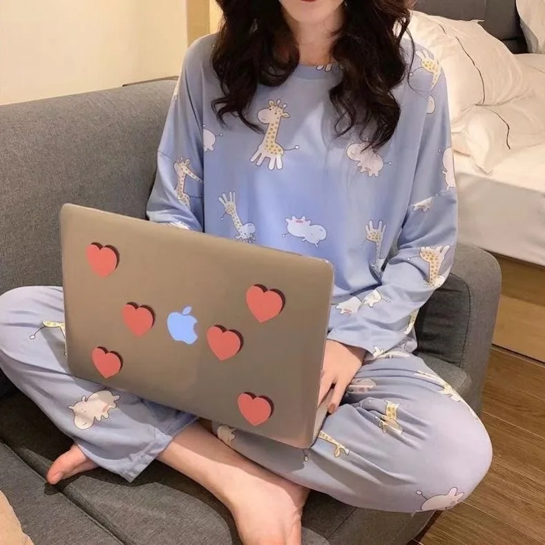 Spring Pajamas Women's Long-sleeved Two-piece Set of Milk Silk Thin Section Breathable Student Home Clothes Sleepwear Women Set