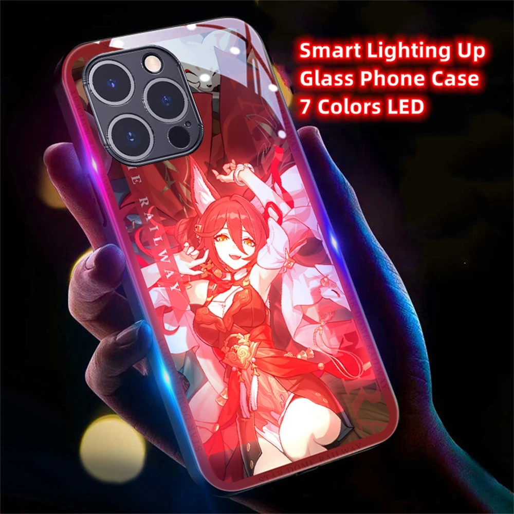 

Honkai Game Luminous Tempered Glass Phone Case LED Backlight Cover For iPhone 15 14 13 12 11 Pro Max XR XS Plus 6 7 8 SE2020