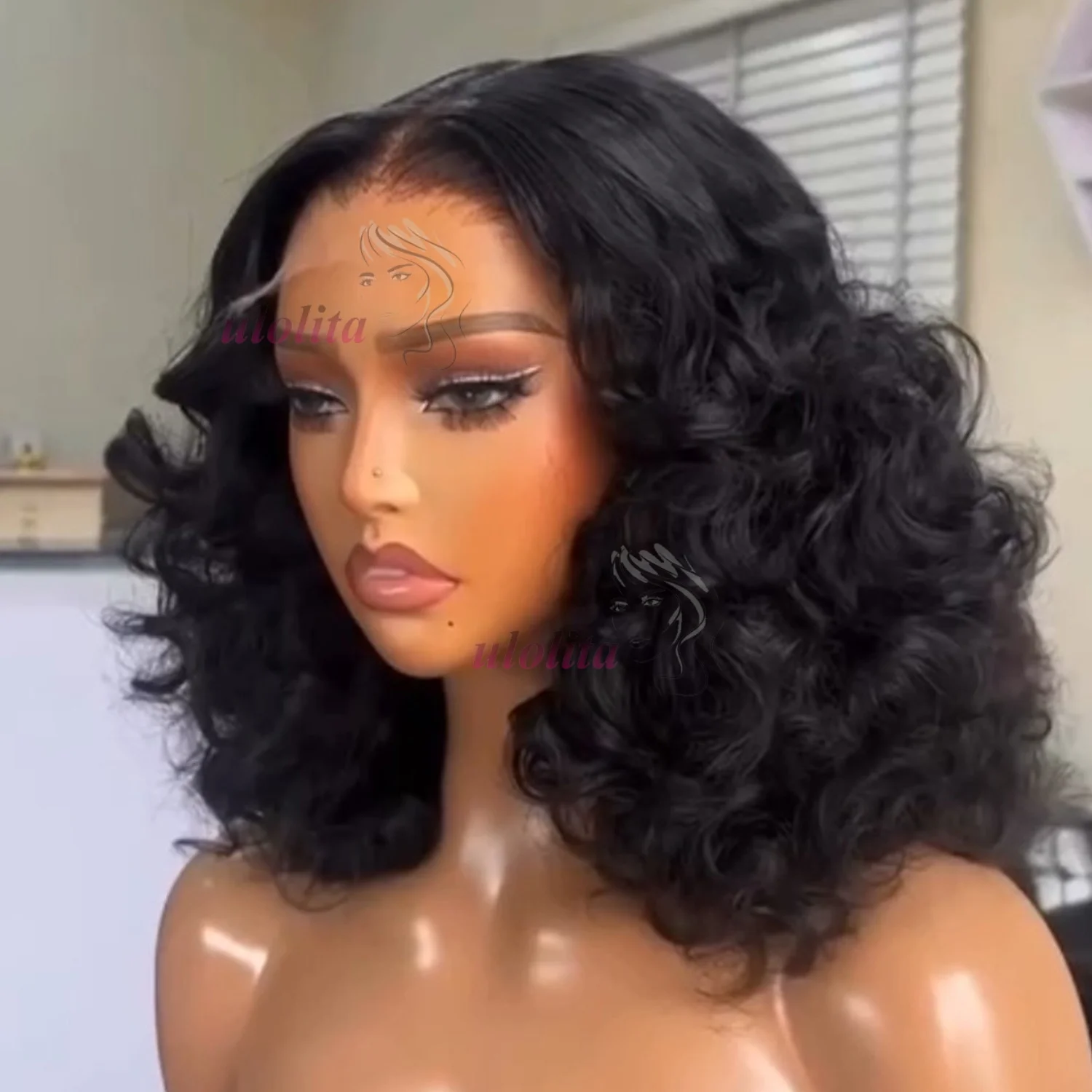 Bouncy Loose Wave Super Double Drawn Vietname Hair 13x4 Bob Wig with Human Hair Nature Black 250% Density For Black Women