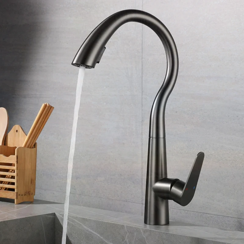 Kitchen Sink Swan Faucet 304Stainless Steel Material Gun Grey Color Mixer Water Cold & Hot Hoses Pull Down GUN GREY NEW