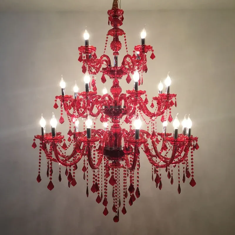 

European Hotel Banquet Hall Red Crystal Chandelier Atmosphere Villa Living Room LED Chandelier Lighting Restaurant Pendant Lamps