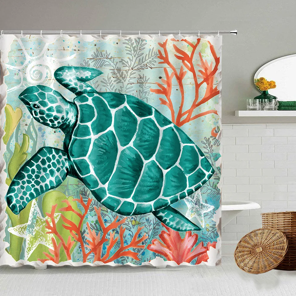 Whale Sea Turtle Shower Curtains Watercolor Ocean Animals Coral Octopus  Creative Design Print Fabric Bathroom Decor Bath Curtain - AliExpress