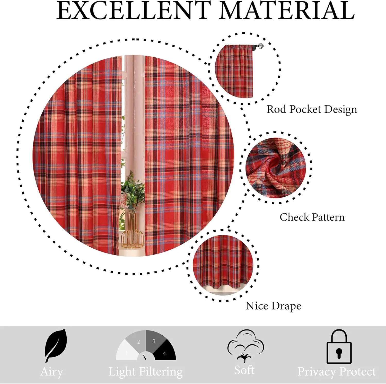 Christmas Check Plaid Curtains Semi-Blackout Windows Curtains for Bedroom Drapes in Living Room Red&green Farmhouse Home Decor 5