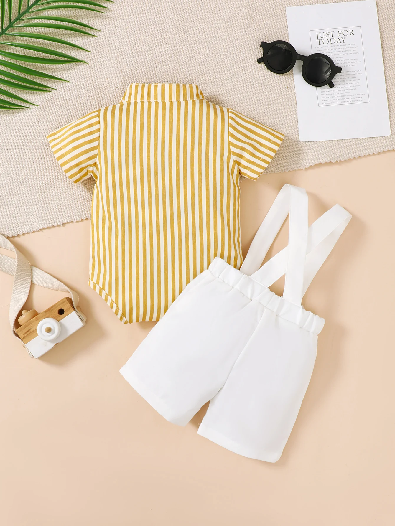 Baby boy set, short sleeved striped small stand up collar shirt, khai top+overalls shorts, cute little gentleman two-piece set