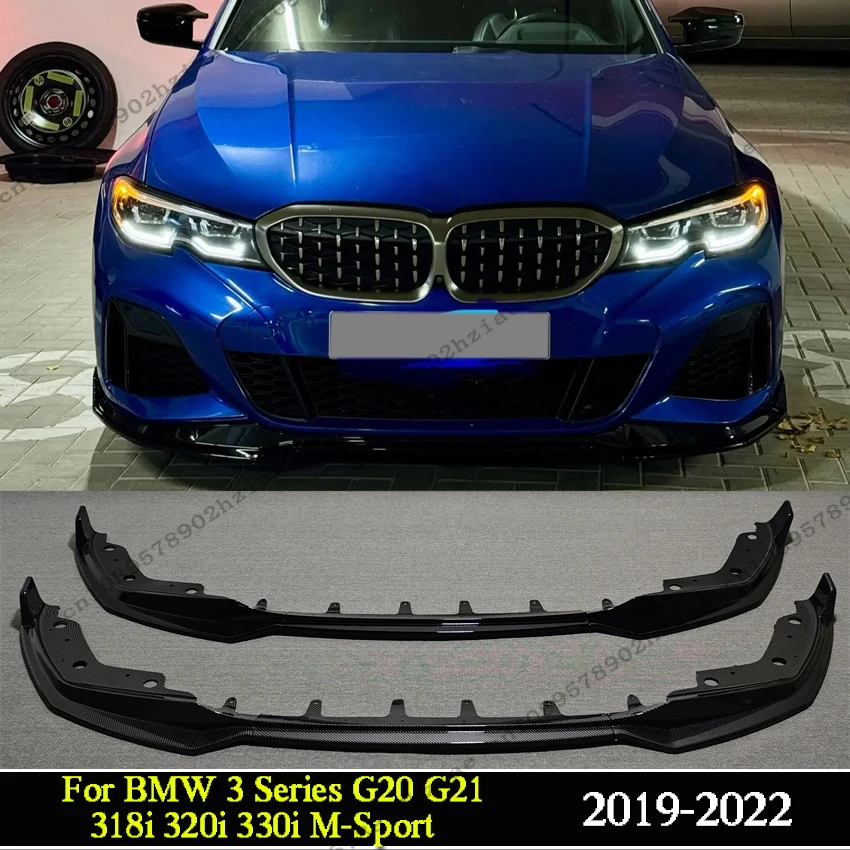BMW 3 시리즈 G20 G21 318i 320i 330i M340i xDrive 2019-2022 글로스 블랙/카본룩 프론트 범퍼 스플리터 디퓨저 프로텍터