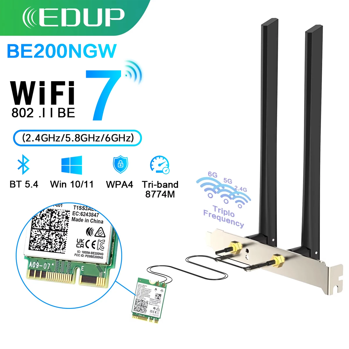 EDUP BE200 WiFi 7 Bluetooth 5.4 Adapter 8774Mbps Dual-Band Wireless ...
