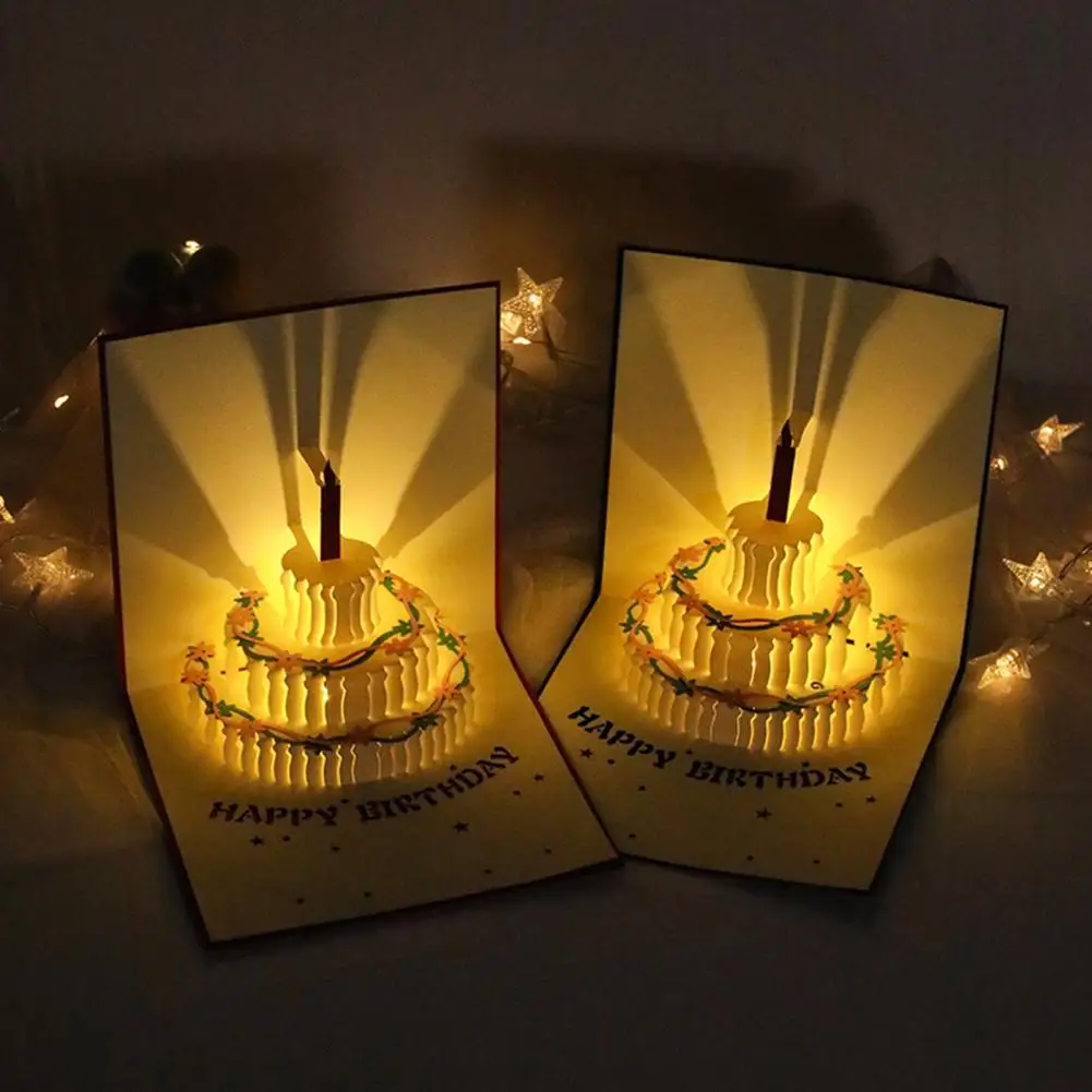 Lighting Music Happy Birthday 3D Card Birthday Cake Folding Festival Greeting Card Postcard Greeting Cards Postcards Christmas