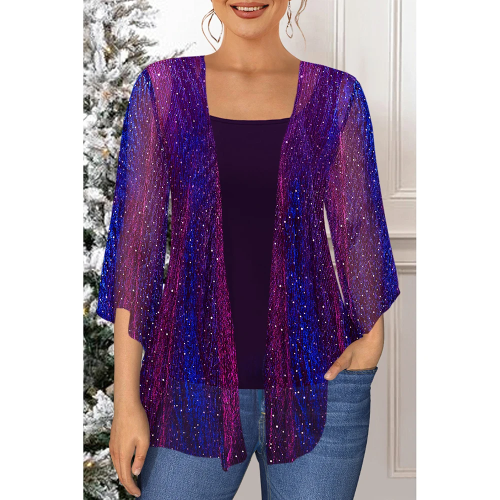 Plus Size Christmas Purple Sparkly Glitter Fabric Kimono Two Pieces Blouse plus size christmas burgundy sparkly bronzing print v neck blouse