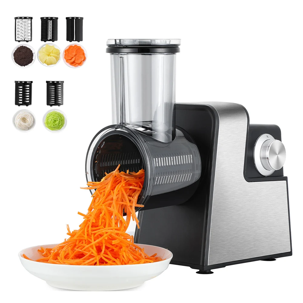 DIVEDEER Elektrischer Gemüseschneider, Schredder, automatische Salatschießmaschine, Käsereibe, Karotten- und Kohlschneider, 5 Sätze Klingen