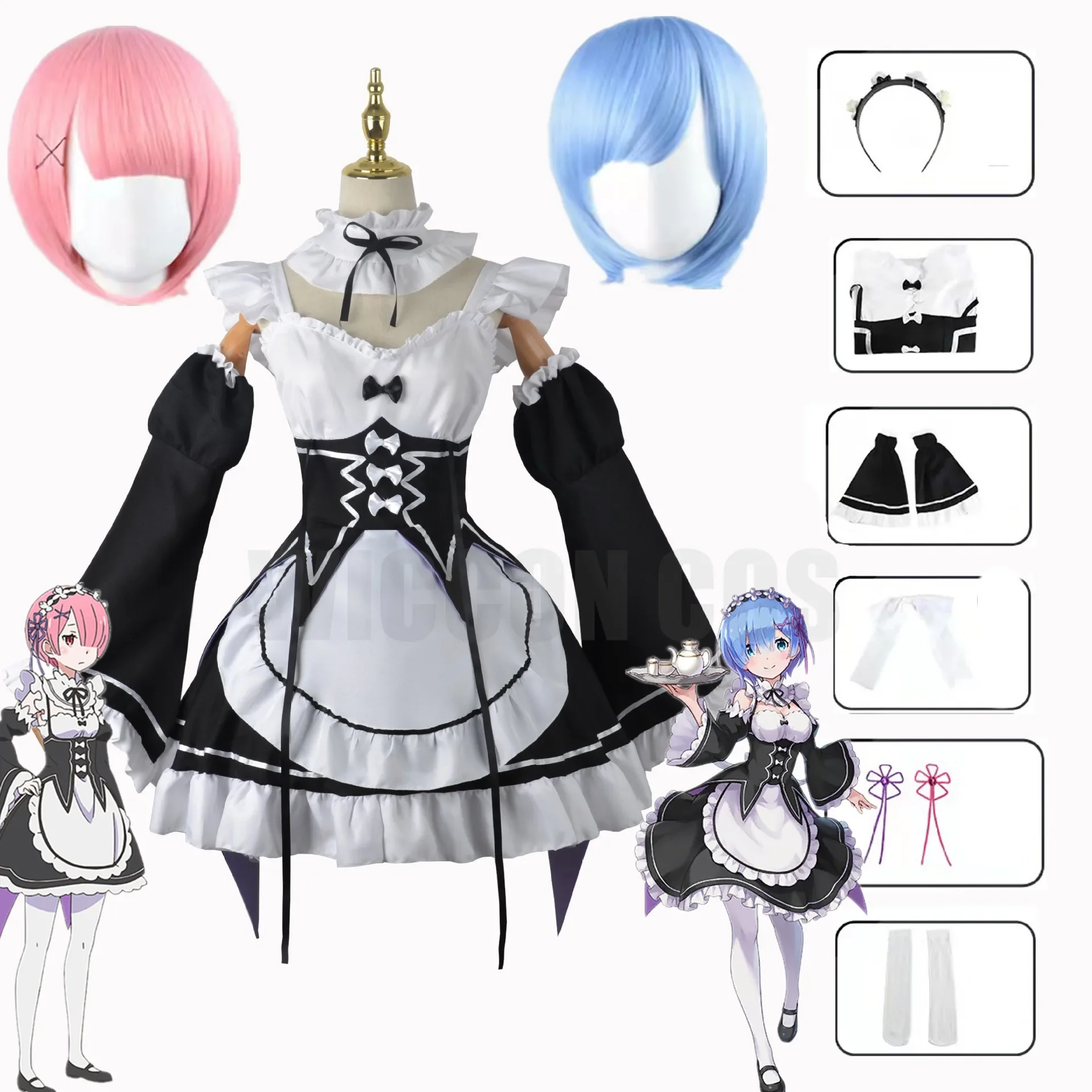 

Rem Ram Maid Cosplay Costumes Re:Zero kara Hajimeru Isekai Seikatsu Kawaii cos dresses Re Life In a Different World Anime Maid