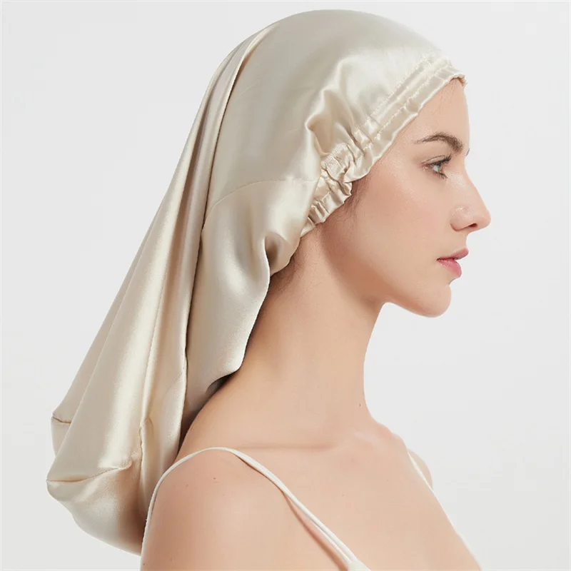 Luxury Comfortable Solid100% Real Silk Long Nightcap Hair Care Perm Beauty Sleeping Hat 2