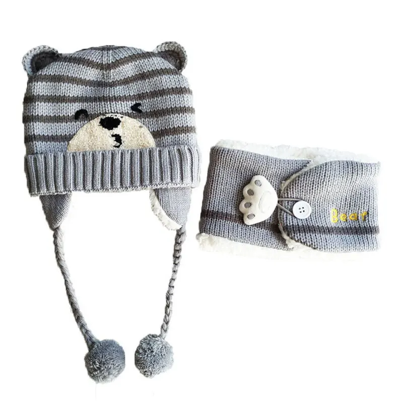 Winter Baby Girl Hat Scarf Set For Children Boys Kids Cartoon Bear Stripe Knit Ear Beanie Cap And Button Paw Scarves Warm Suit