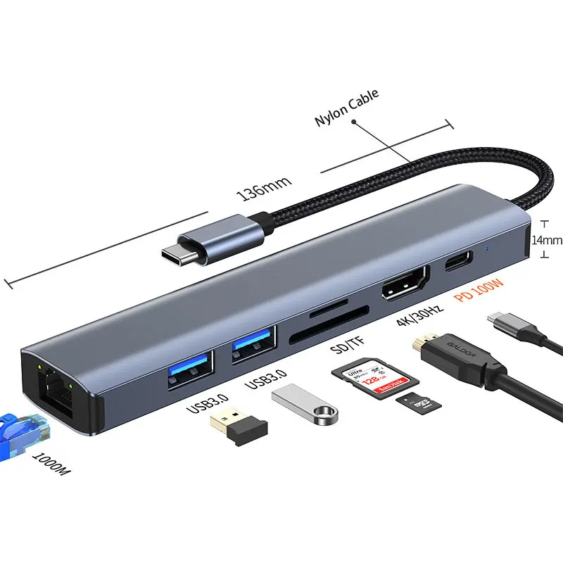 

Nylon Cable USB Type C Hub Splitter To HDMI USB3.0 SD/TF RJ45 1000M/S High Speed Data Transfer For PC Laptop Macbook Accessories