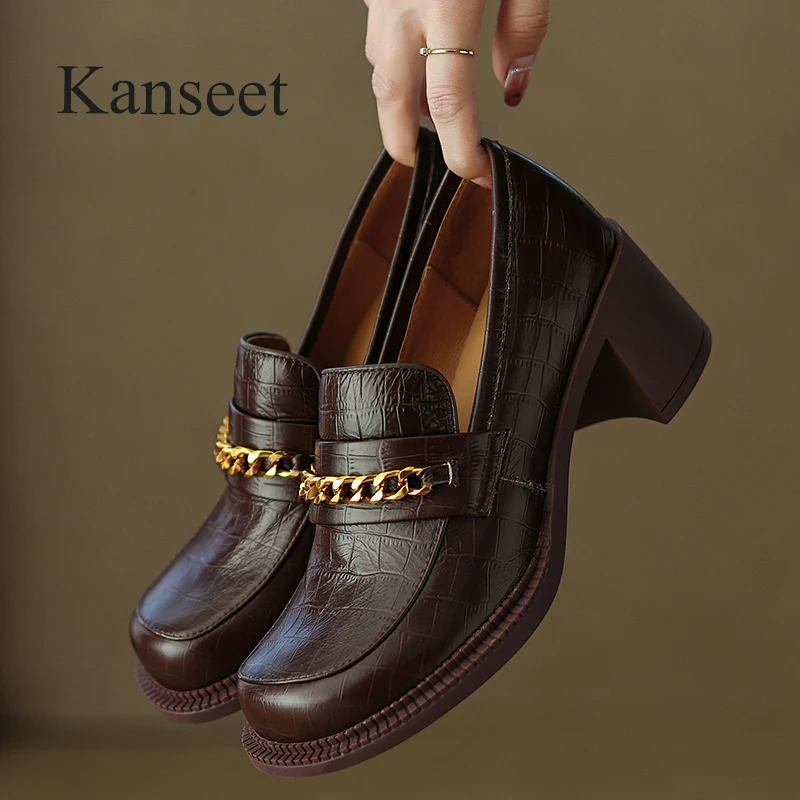 

Kanseet Casual Pumps New 2022 Autumn Round Toe Chain Decoration Genuine Leather Women Shoes Handmade Ladies High Heels Footwear