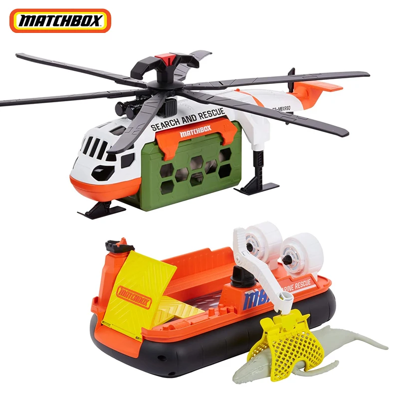 Original Mattel Matchbox Rescue Adventure with Vehicle and Animal Figure Helicopter Rhino Boat Whale Kids Toys for Children Gift