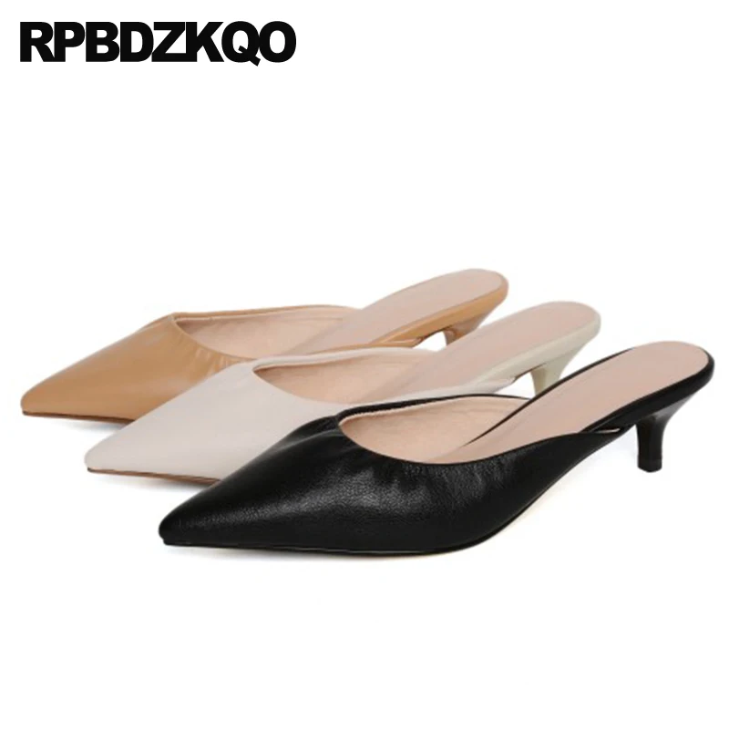 

Shoes 2022 Nude Medium Heels Leather Pumps Low Sandals Pointed Toe Modern Genuine Thin Mules Slipper Size 33 Ladies Trending