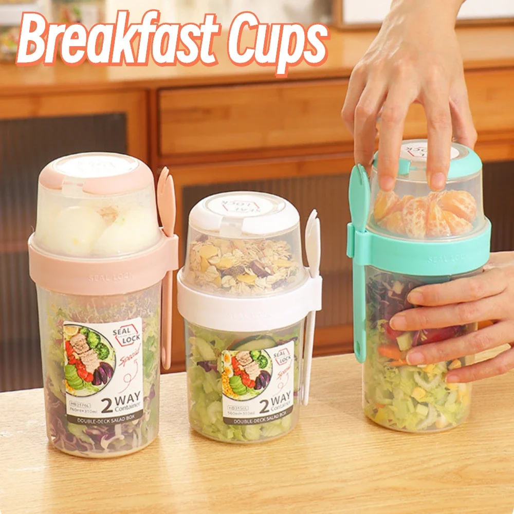 Breakfast Cup On The Go Cups Cereal Milk Container Food Storage Box Sealed Salad Cup with Fork Lid Two-layers Oats Yogurt