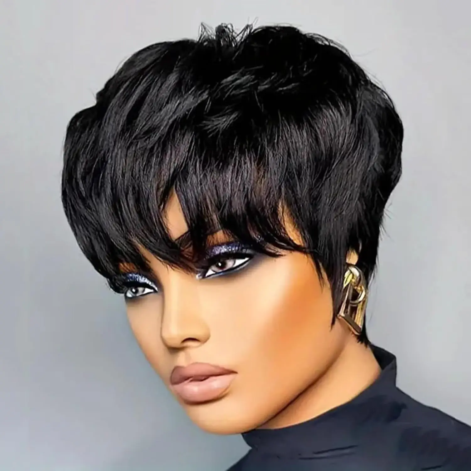 Short Pixie Cut Wigs for Women Black 100% Human Hair Glueless Wigs With Bangs Brazilian Layered Short Human Hair Pixie Cut Wigs