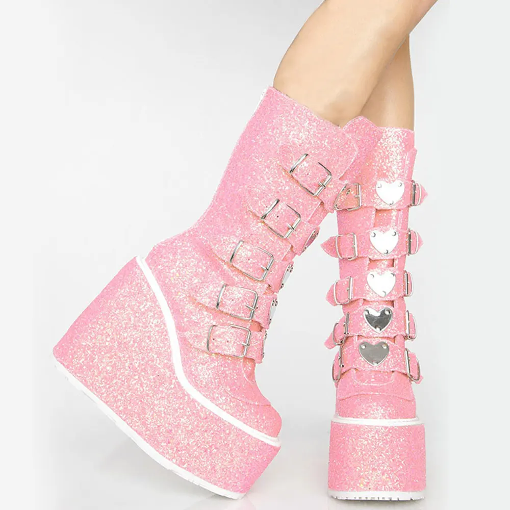 Brand Design Big Size 43 Black Gothic Style Cool Punk Motorcycles Boots Female Platform Wedges High Heels Calf Boots Women Shoes 
