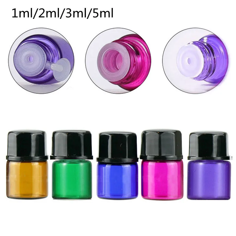 

100X 1ml 2ml 3ml 5ml Amber MIX Color Glass Essential Oils Bottles with Orifice Reducer cap lids Sample Size Vials