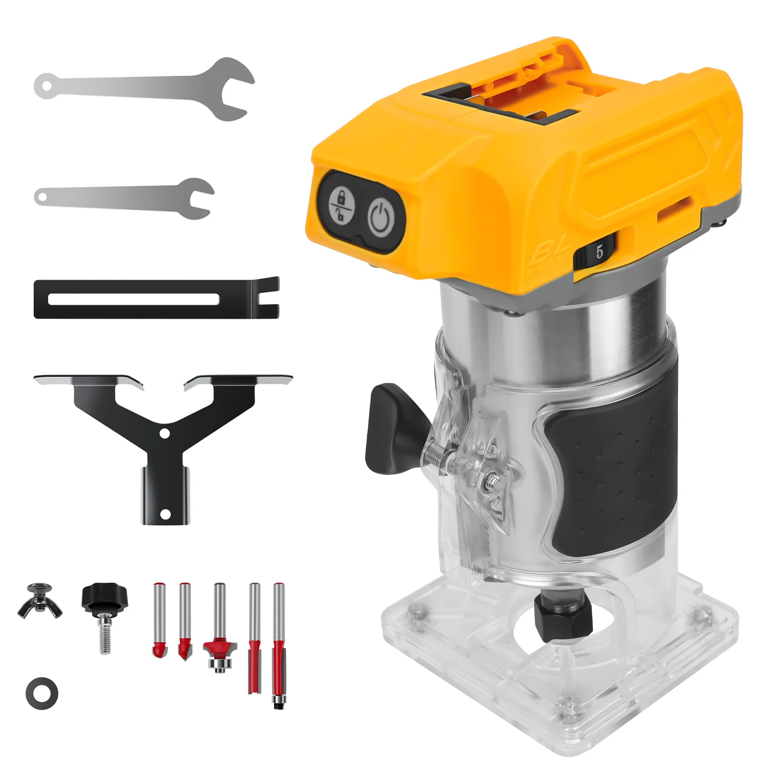 800W Brushless Electric Trimmer Woodworking Trimming Machine 5 Variable Speeds Wood Router for Dewalt 20V Battery (No Battery)