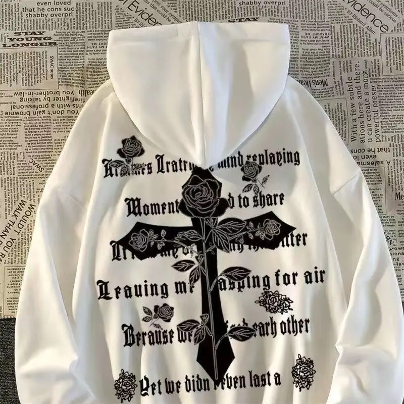 American rose cross hoodies sweater student loose plush thickened fashion couple coat y2k winter clothes women oversized hoodie