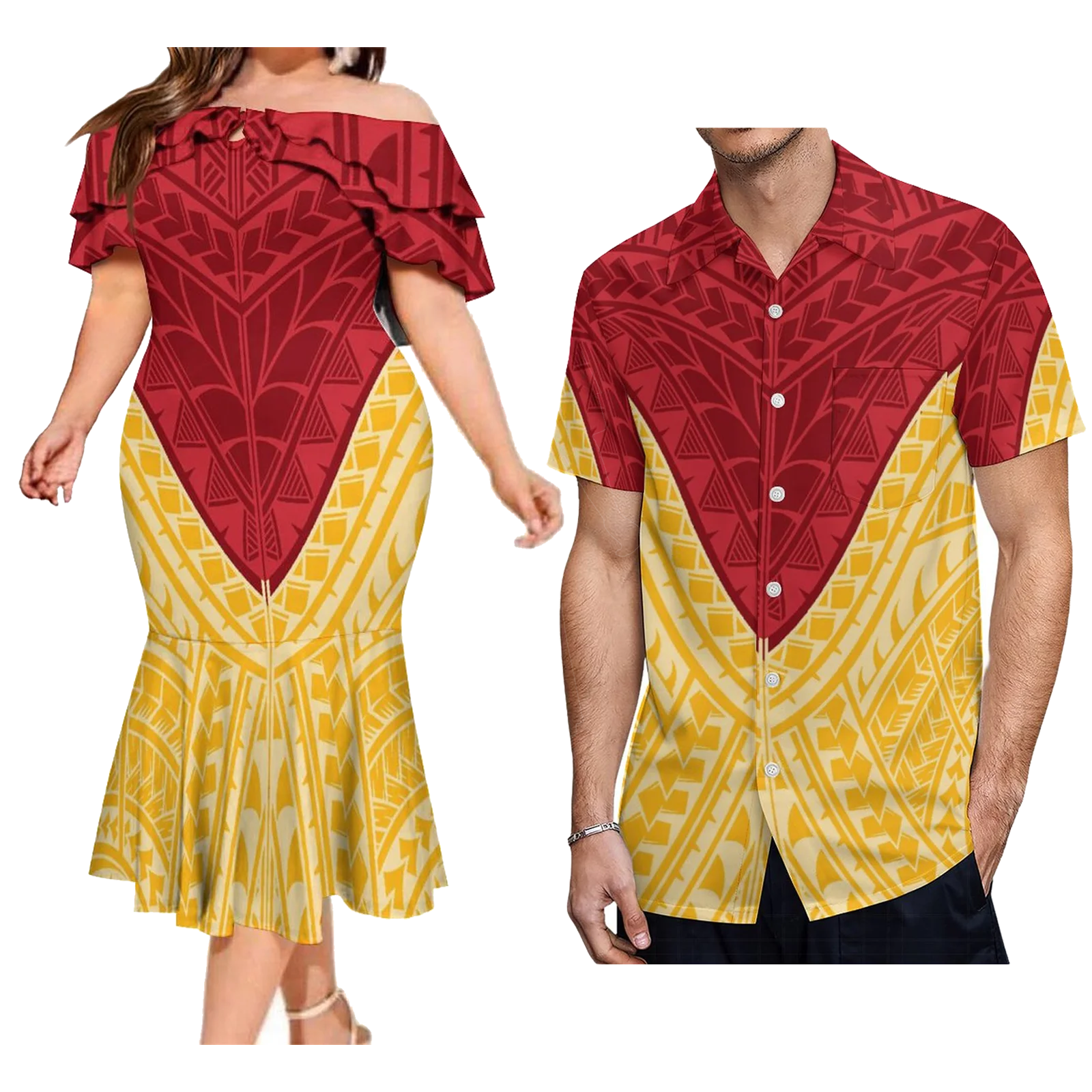 

2023 New Custom Logo Big People Men Button Aloha Shirts And Women Mermaid Dress Hawaii Polynesian Personality Couple Suit