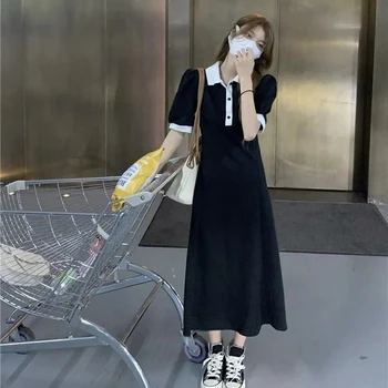 Abito con colletto polo color block 2025 Estate Temperamento delle nuove donne Stile medio lungo Vita che dimagrisce Gonna a trapezio a maniche corte