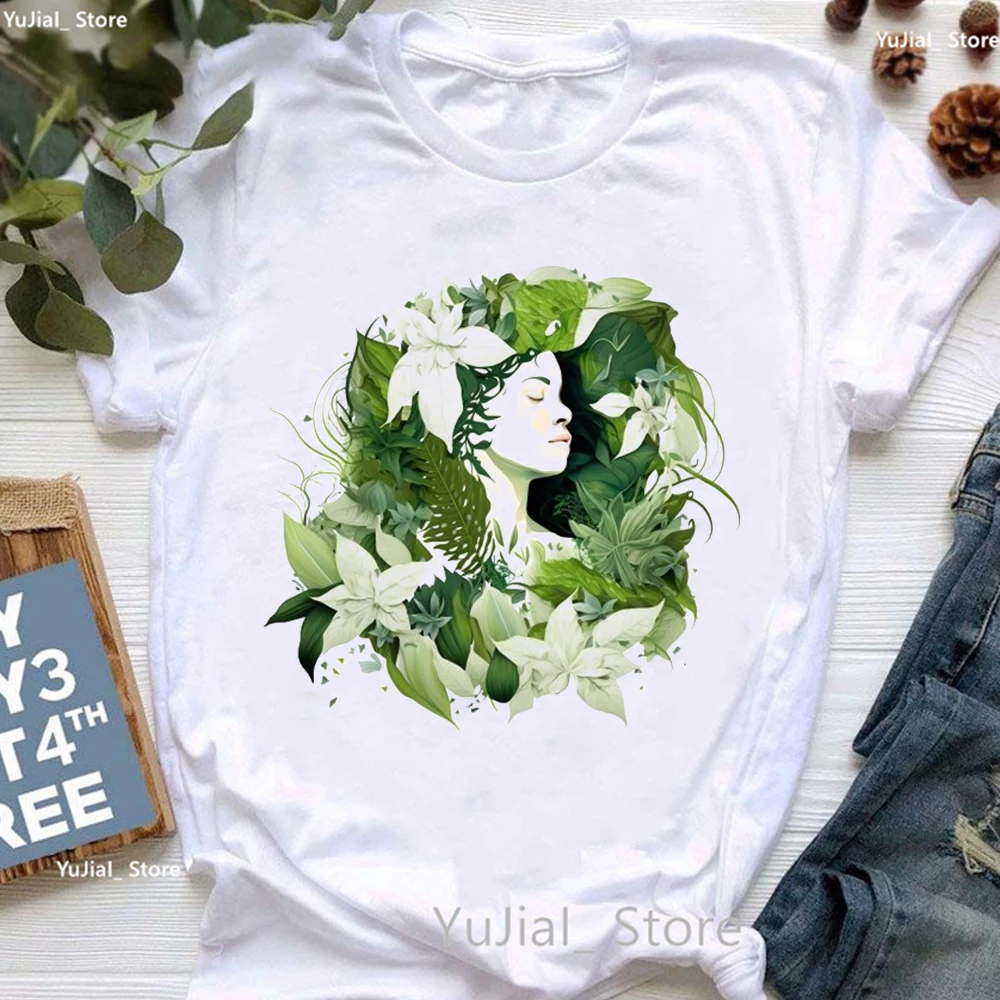 Künstlerische ästhetische grüne Blätter Mädchen drucken T-Shirt Mädchen Sommer Mode Tops T-Shirt Femme weiß rosa Kurzarm T-Shirt – Detail 8