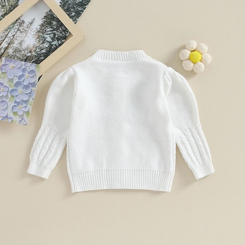 Baby Girls Autumn Winter Knit Sweater Long Sleeve Flower Embroidery Button Up Knitwear