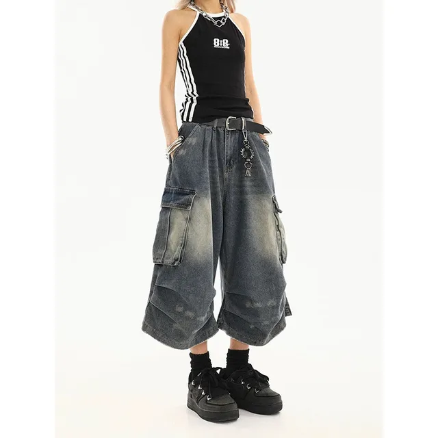 Short en Denim délavé pour femmes, vêtements de travail Vintage de Style américain, avec plusieurs poches, Design plissé, drapé ample, pantalon de sept pieds 6