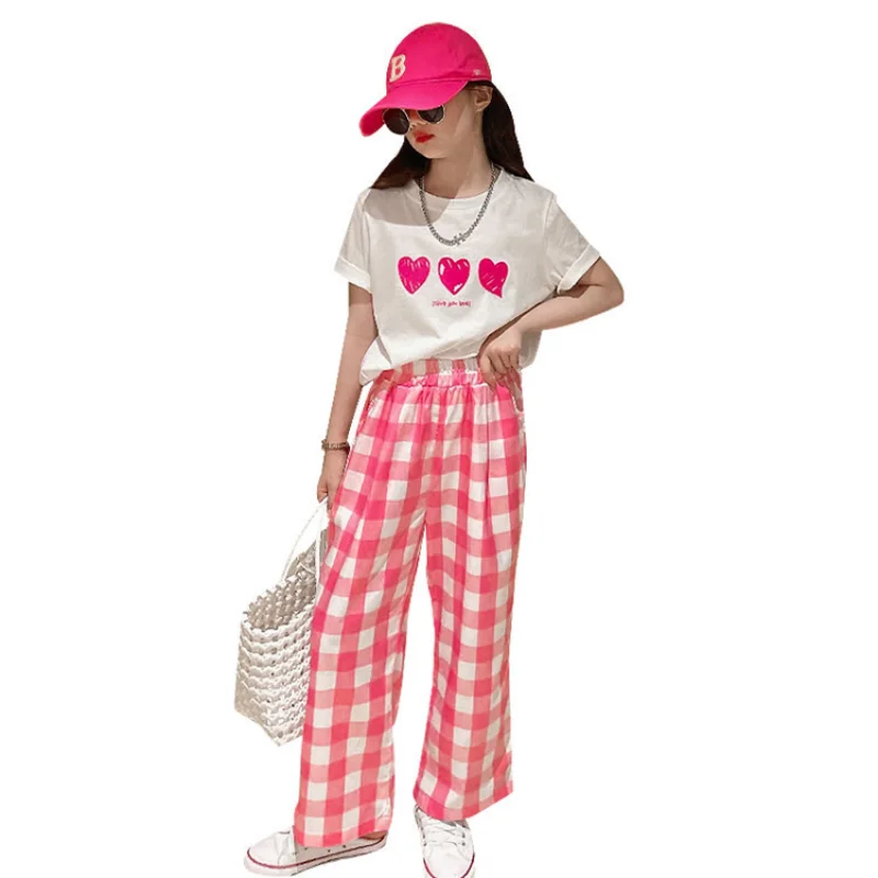 

Teen Girls Outfit Summer New Casual Set Korean White Round-neck Love Print T-shirt + Plaid Trousers 2pcs Fashion Clothing 4-14 Y
