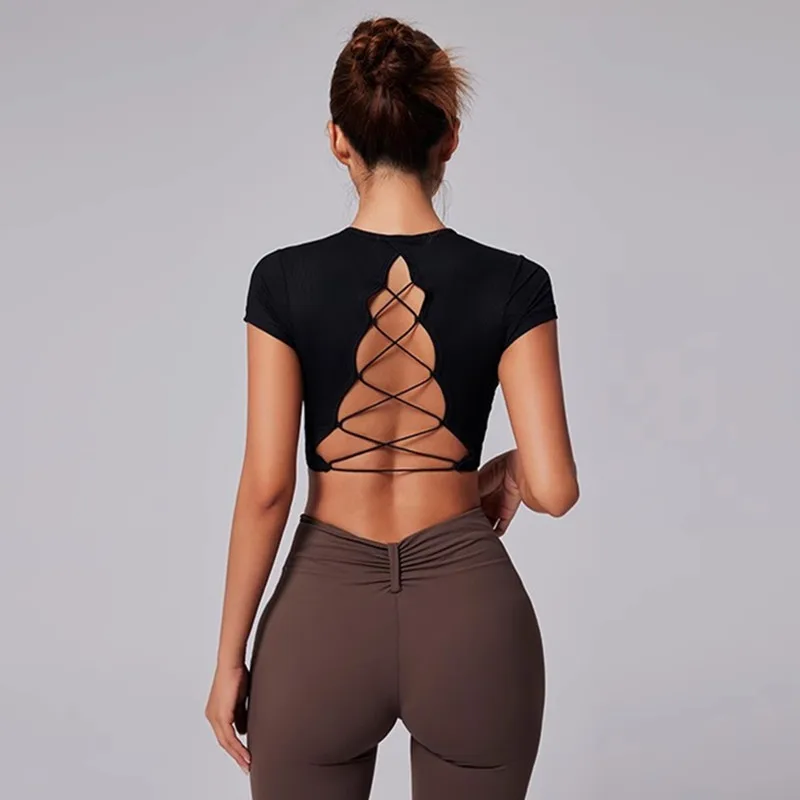 YUSHUHUA New Weave Backless Cropped Yoga Top Short Sleeve Round Neck Sport Shirt Padded Gym Women Breathable Run Fitness Tshirt