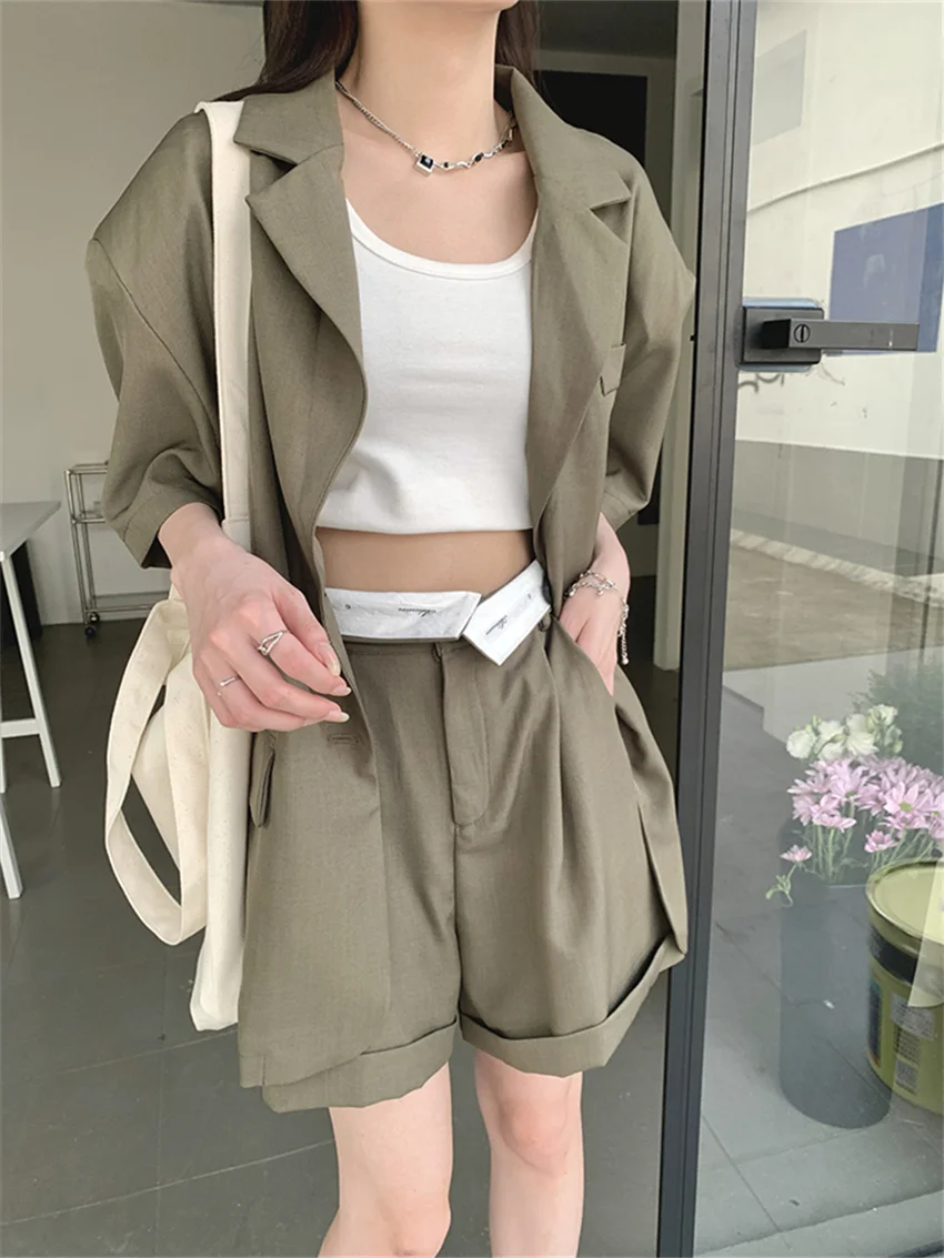 

Alien Kitty 2023 Normcore Suits Women Short Sleeve Blazers Work Wear Summer OL Wide Leg Shorts Chic Fashion Slim Casual Sets