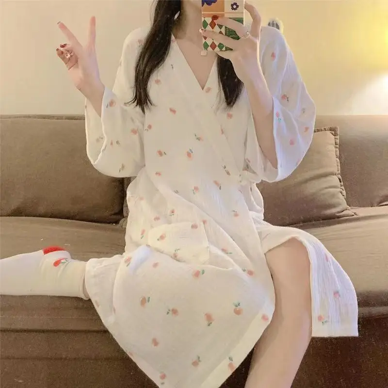 S-4XL Robes Women Loose Summer Home Breathable Printed Delicate Lovely Fashion Vintage Lace-up Sleepwear V-neck Soft Aesthetic